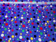 Faschingssatin CA1020-013 bedruckt mit bunten Punkten, Breite ca. 145 cm, Farbe blau