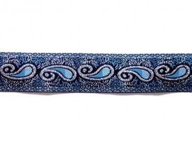 Besatzband in jeansblau mit Ornament und Silberglitter